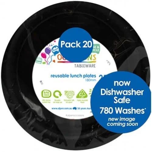 Black Reusable Plastic Lunch Plates 18cm 20 Pack