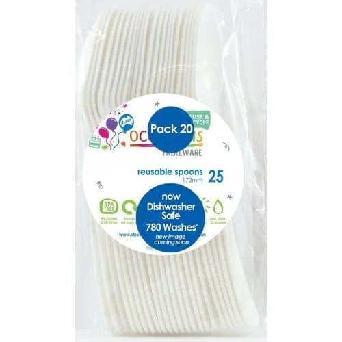 REUSABLE White Plastic Spoons - Pk 20