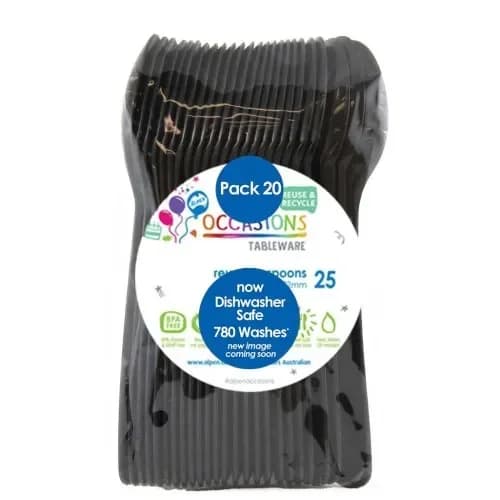 REUSABLE Black Plastic Spoons - Pk 20