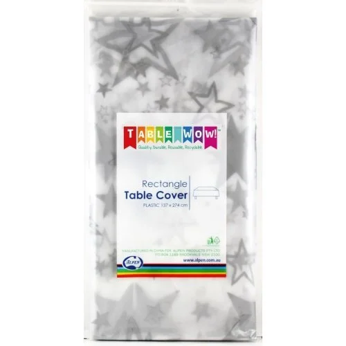 Silver Stars Rectangle Plastic Tablecover (137x274cm)