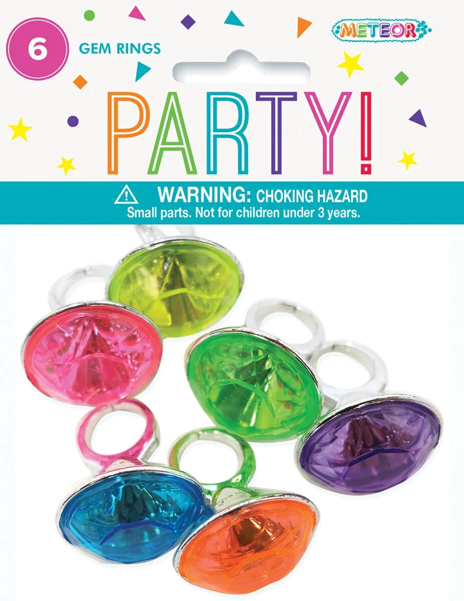 Assorted Plastic Gem Rings - Pk 6