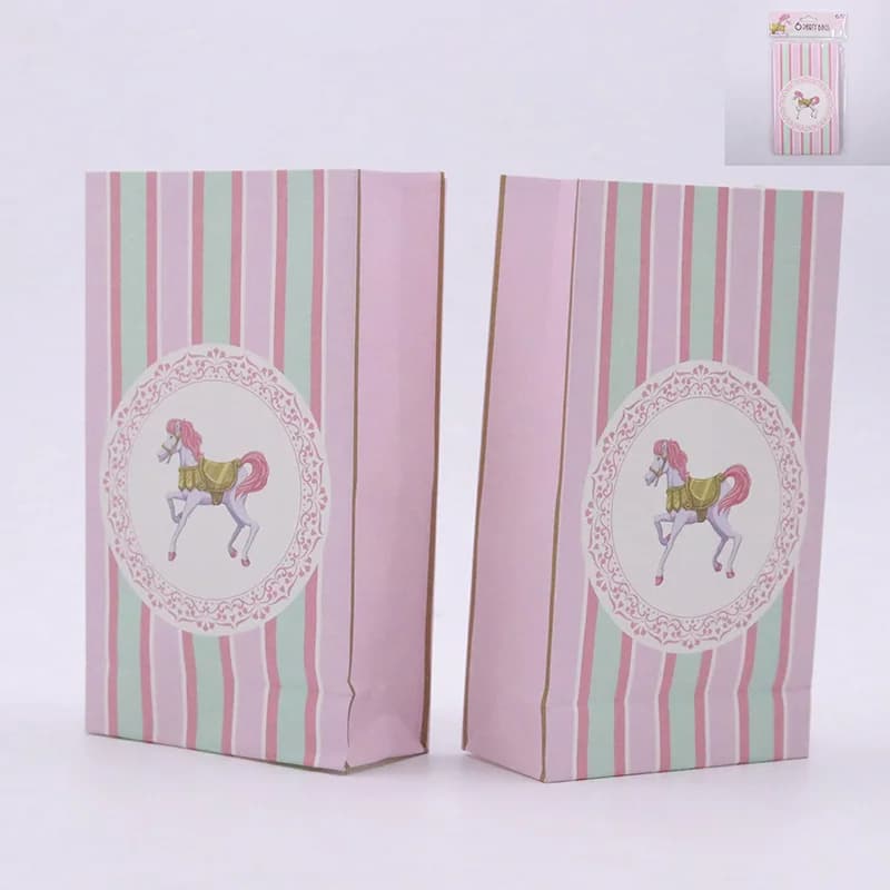 Pink Carousel Horse Striped Paper Loot Bags - Pk 6*