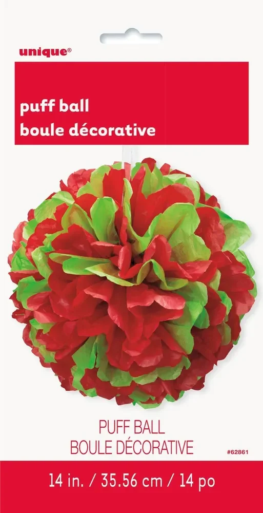 Red & Green Paper Puff Ball Decoration (35.5cm)