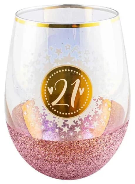 "21" Pink Glitterati Stemless Wine Glass
