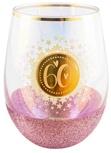 "60" Pink Glitterati Stemless Wine Glass