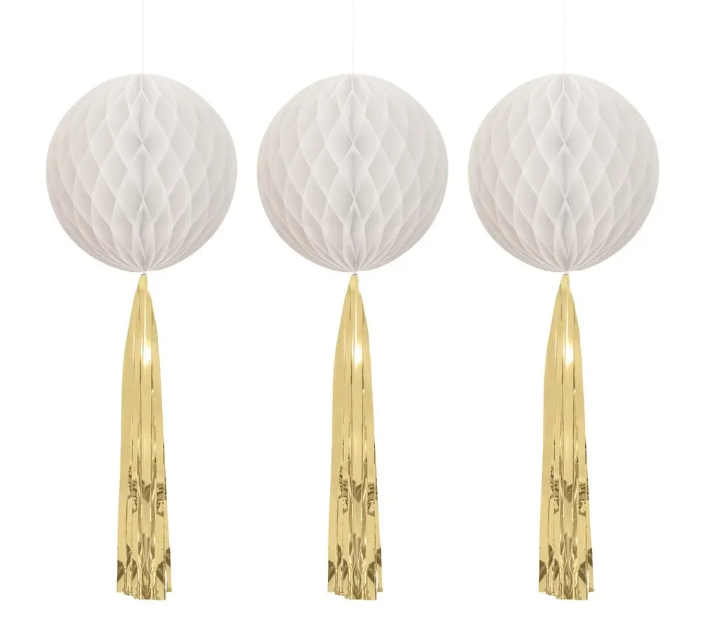 White & Gold Tasseled Honeycomb Hanging Decorations - Pk 3