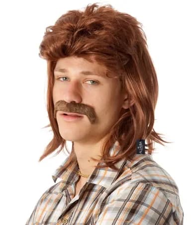 Brown 80s Mullet Wig & Fake Mo'