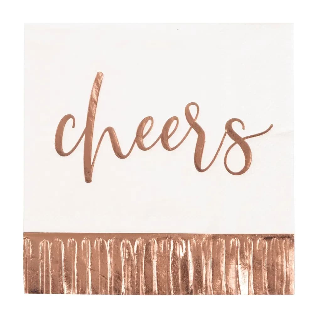 "CHEERS" Rose Gold Foil Stamped Fringe Beverage Napkins 2Ply