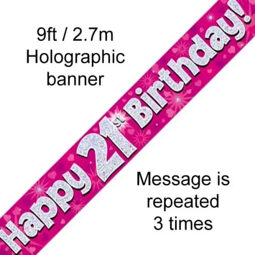 Pink Holographic Happy 21st Birthday Banner (270cm) Pk 1