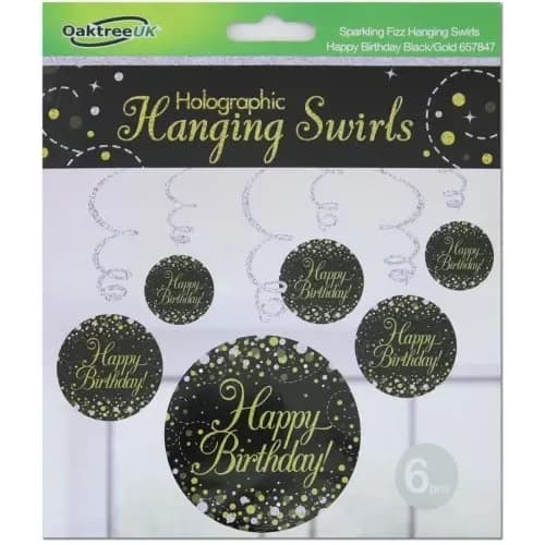 Sparkling Fizz Happy Birthday Hanging Swirls Black / Gold (81cm) Pk 6