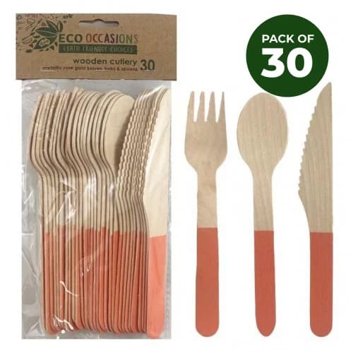 Rose Gold Handle Wooden Cutlery - Pk 30