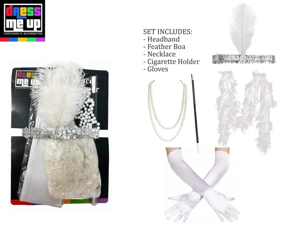 White Flapper Set- Headband, Boa, Necklace, Cigarette Holder & Gloves