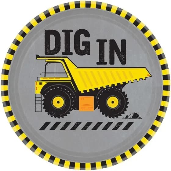 17cm Construction Party Round Paper Plates - Pk 8
