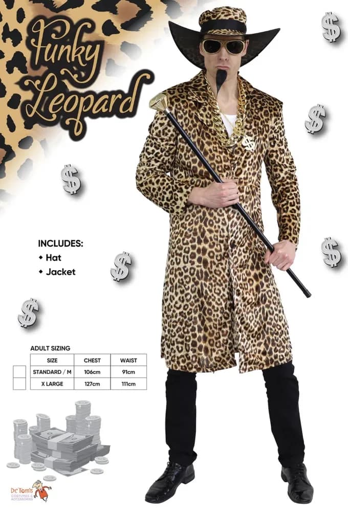 Adults Leopard Print Pimp Coat & Hat Costume