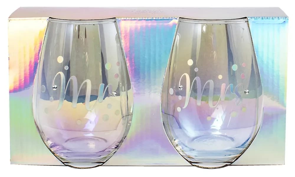 Mr & Mrs Stemless Holographic Wine Glasses – Set of 2