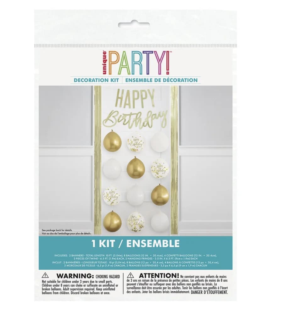 Happy Birthday Banner & Balloon Kit – Gold/White