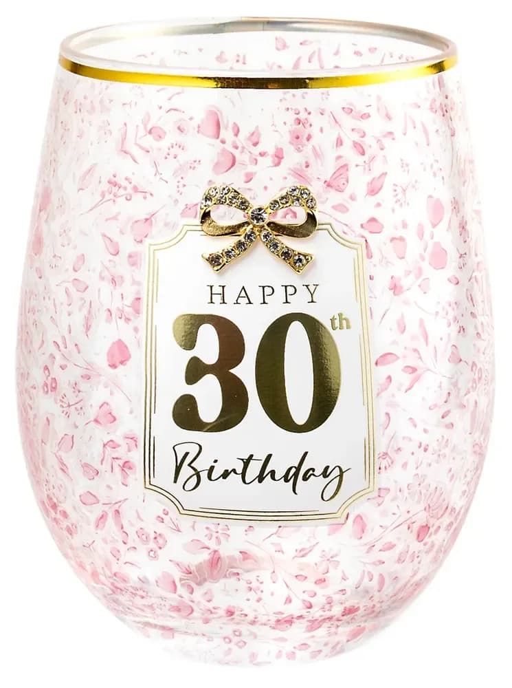 30th Birthday Stemless Pretty Bow Wine Glass - Gift Boxed
