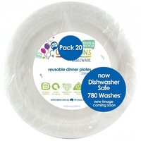 REUSABLE White Plastic Dinner Plates (23cm) - Pk 20