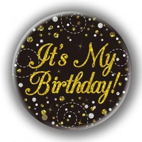 Black/Gold Sparkling Fizz Birthday Badge (75mm)