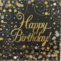 "Happy Birthday" Black/Gold Sparkling Fizz Napkins - Pk 16