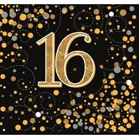 "16" Black/Gold Sparkling Fizz Napkins - Pk 16