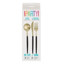 Black/Gold Reusable Plastic Cutlery Set - Pk 12