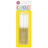 White & Gold Birthday Candles - Pk 12