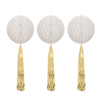 White & Gold Tasseled Honeycomb Hanging Decorations - Pk 3