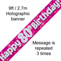 Pink Holographic Happy 80th Birthday Banner (270cm) Pk 1