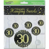 Hanging Swirl Sparkling Fizz 30th Black/Gold (81cm) Pk 6