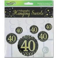 Hanging Swirl Sparkling Fizz 40th Black/Gold (81cm) Pk 6