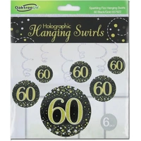 Hanging Swirl Sparkling Fizz 60th Black/Gold (81cm) Pk 6