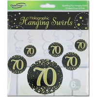 Hanging Swirl Sparkling Fizz 70th Black/Gold (81cm) Pk 6