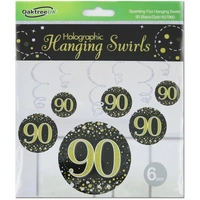 Hanging Swirl Sparkling Fizz 90th Black/Gold (81cm) Pk 6