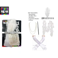 White Flapper Set- Headband, Boa, Necklace, Cigarette Holder & Gloves