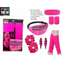 80's Workout Set - Includes sweat headband, wristbands, hair scrunchies, leg warmers, earrings and bum bag. 