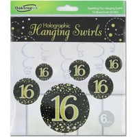 "16" Black/Gold Sparkling Fizz Hanging Whirls - Pk 6