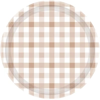 17cm White Sand Gingham Paper Plates - Pk 8