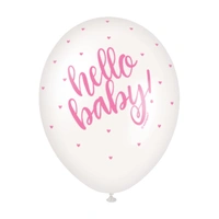 Pink Hello Baby! Pearl White Latex Balloons (30cm) - Pk 5*