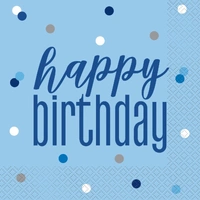 Blue Glitz Happy Birthday Lunch Napkins - Pk 16