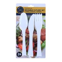 Premium Reusable Plastic Cutlery Set Assorted 24pk - 18cm - White