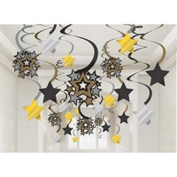 Black & Gold Stars Hanging Swirls - Pk 30